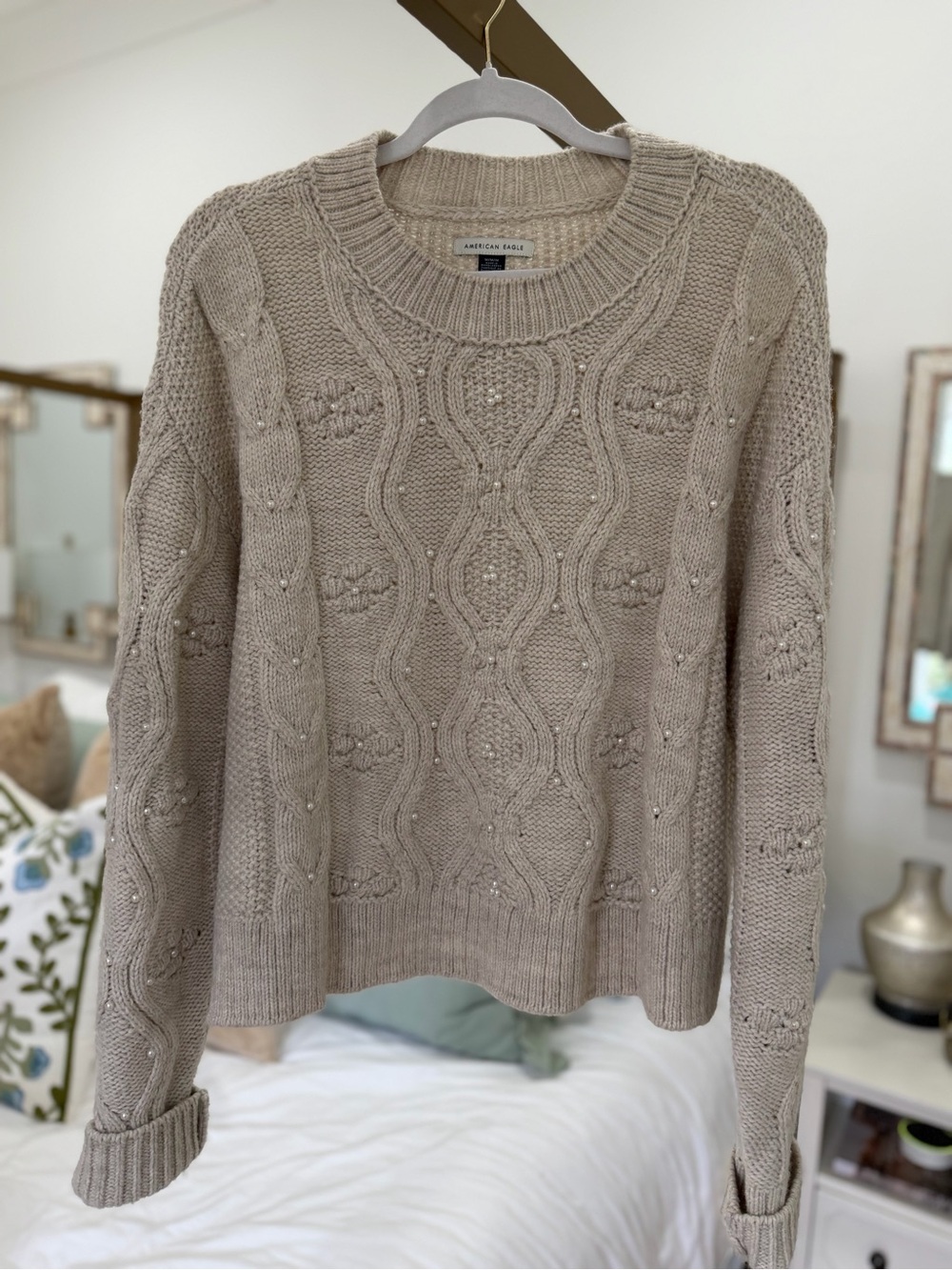 American Eagle Outfitters Beige Cable Knit Sweater with Bead Detail